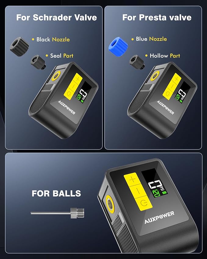 Auxpower BL03 Bicycle Pump with Pressure Gauge, 120PSI Electric Bike Pump with Presta and Schrader Valve, Auto Stop, Outdoor Camping Cycling Pump for Road, Mountain, E-Bike and Sports Balls