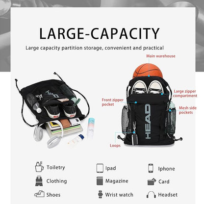 HEAD Waterproof Gym Sackpack for Sport with 2 Zipper Pockets, Large Drawstring Backpacks for Men with Side Pockets for Water Bottle (Blue)