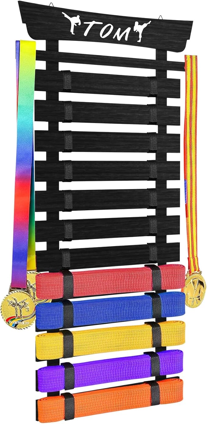 12 Belts Karate Belt Display Rack with Stickers, Martial Arts Belt Display Holder, Taekwondo Belt Display, Jiu Jitsu BJJ Belt Display Hanging Holder for Kids and Adults Gifts