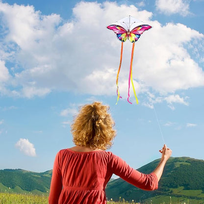 Simxkai Butterfly Kite for Kids & Adults, Easy to Fly Blue Big Kite for Beginners, Line Handle Included (1Pack 2Pack)