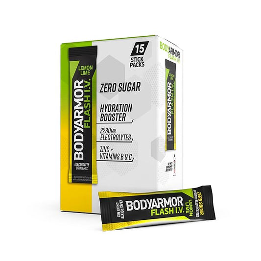 BODYARMOR Flash IV Electrolyte Packets, Lemon Lime - Zero Sugar Drink Mix, Single Serve Packs