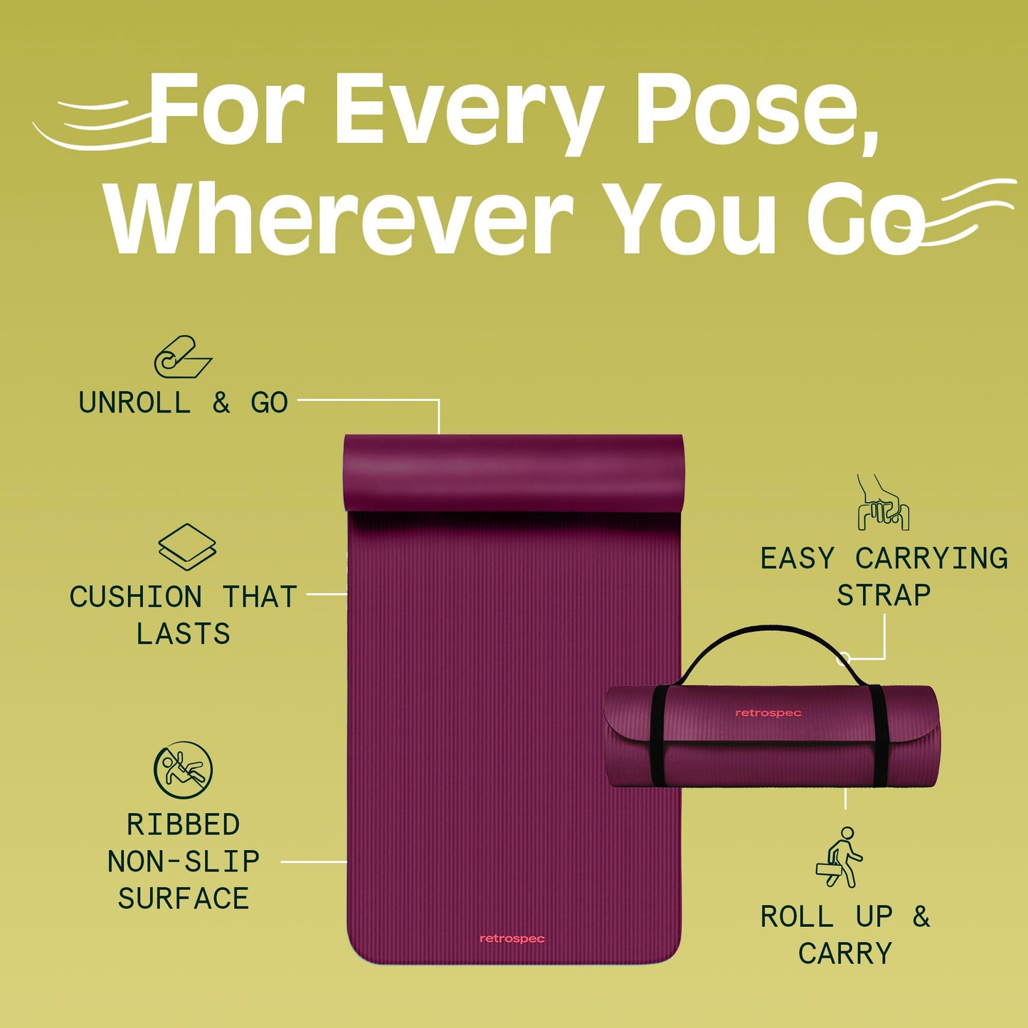 Retrospec Solana Yoga Mat 1/2" Thick w/Nylon Strap for Men & Women - Non Slip Excercise Mat for