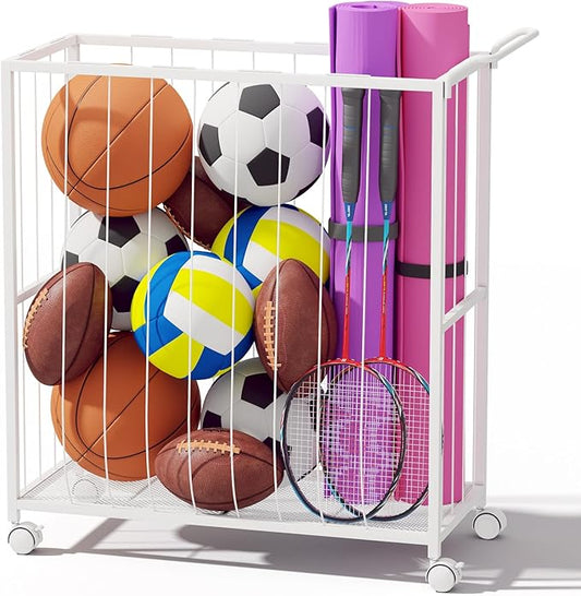 Ball Storage Bin Rolling Sports Ball Cart, Metal Garage Organizer Sport Rack, Ball Basket Storage