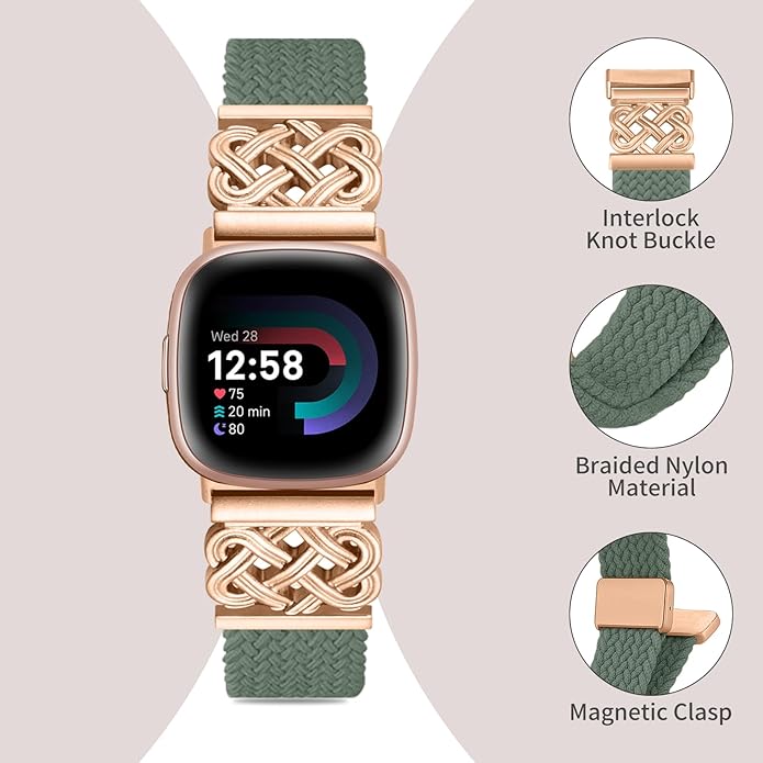 Braided Band Compatible with Fitbit Versa 4 Bands for Woman/Versa 3/Sense 1/Sense 2 Band, Magnetic Clasp Fabric Nylon with Designer Interlock Buckle Straps for Fitbit Versa4/3/Sense1/2