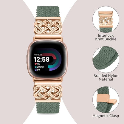 Braided Band Compatible with Fitbit Versa 4 Bands for Woman/Versa 3/Sense 1/Sense 2 Band, Magnetic Clasp Fabric Nylon with Designer Interlock Buckle Straps for Fitbit Versa4/3/Sense1/2