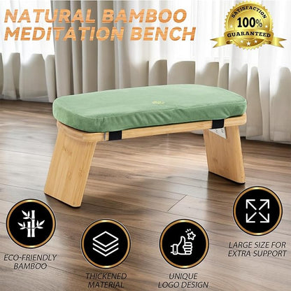 Meditation Bench, Bamboo Meditation Stool, Folding Kneeling Meditation Bench, Seiza Prayer Bench, Prayer Bench with Meditation Cushion, Kneeling Stool (Green & Bag)