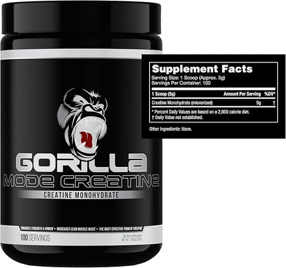 Gorilla Mind Creatine Monohydrate Micronized Powder, Improved Muscle Size, Power Output and Strength, 5 Grams per Serving, 100 Servings