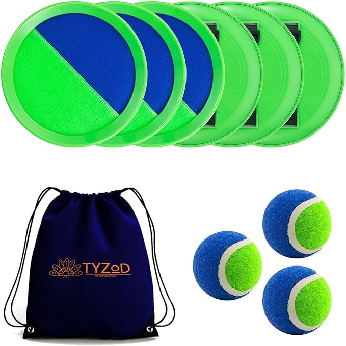 Toss and Catch Ball Set, Outdoor Games, Beach Games for Kids, Toss Ball and Catch Game Set for Kids/Family (6 Paddles, 3 Balls and 1 Storage Bag) (Blue-Green)