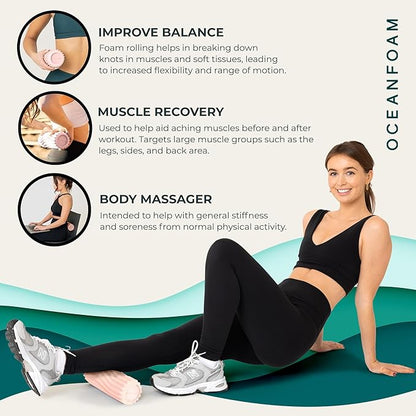 Oceanfoam Ripple Travel Foam Roller (11" x 3.35") Firm Mini Foam Roller for Physical Therapy, Deep Tissue Massage, Back Pain - High Density, Ergonomic Wave Textured - Yoga, Pilates, Exercise (Blush)