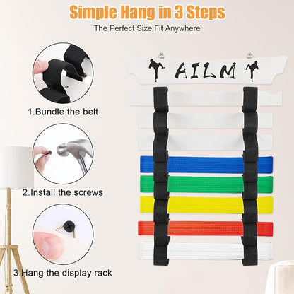 8 Belts Upgraded Karate Belt Display Rack with Stickers, Taekwondo Belt Display 【No Assembly Required】 Martial Arts Belt Display, Karate Belt Holder for Kids and Adult, Wood