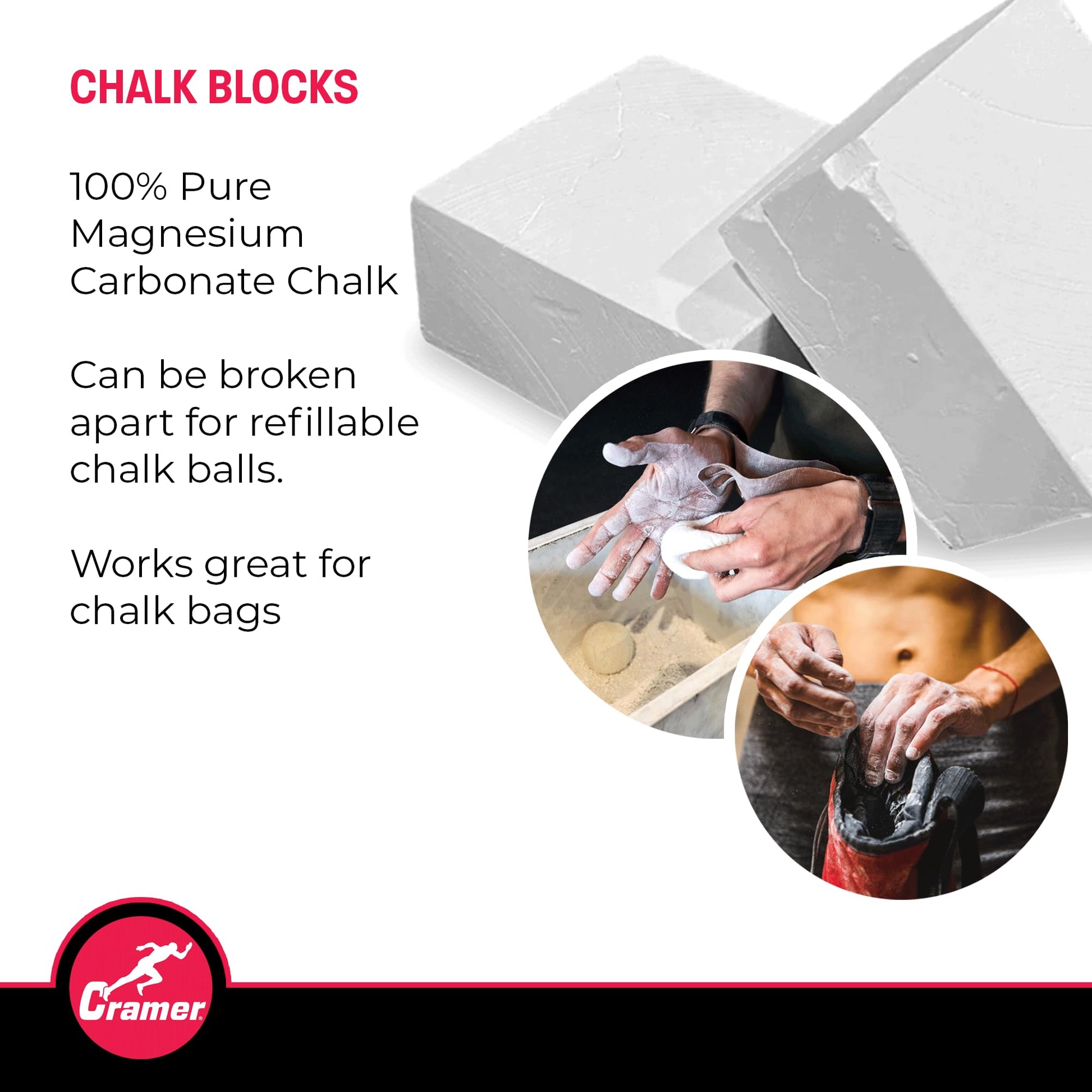 Cramer Gym Chalk Block, 2-Pack of 2 oz, Magnesium Carbonate for Powerlifting, Rock Climbing