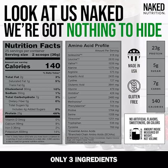 NAKED Goat Chocolate Protein Powder - Pasture Fed Goat Whey Protein Powder from Small-Herd Dairies - Only 3 Ingredients - GMO Free, Soy Free - All Natural - 23 Grams of Protein - 25 Servings