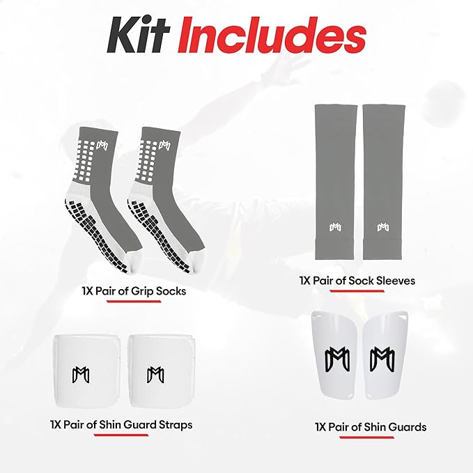 Soccer Grip Socks, Shin Guards, Pre Cut Sock Sleeves, and Guard Straps Bundle Pack - Essential Equipment for Soccer Players - for Mens, Women, Youth, Size 7 to 12 US Men Shoe Size