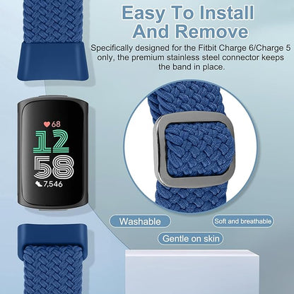 Braided Band Compatible with Fitbit Charge 6/Fitbit Charge 5, Soft Nylon Solo Loop Adjustable Replacement Wristband for Women Men