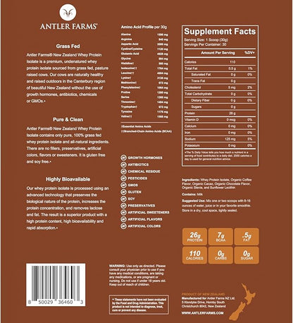 Antler Farms - 100% Grass Fed New Zealand Whey Protein Isolate, Iced Mocha Flavor, 2 lbs - Pure and Clean, 6 Ingredients, Cold Processed