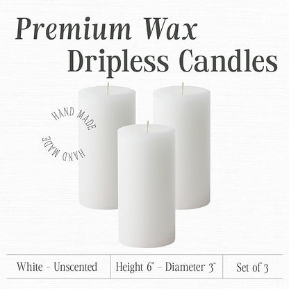 Mister Candle Dripless Unscented Pillar Candles, Set of 3 Hand Poured White Solid Color Non-Scented Candles for Home Decor, Premium Wax, 80 Hr Burn Time, 3x6 Inch
