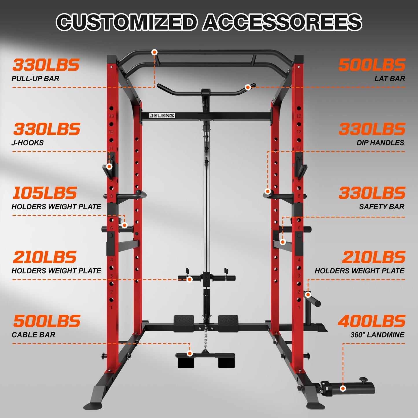 JELENS S21 Power Cage, Multi-Function Power Rack with Adjustable Cable Crossover System, 2000LBS