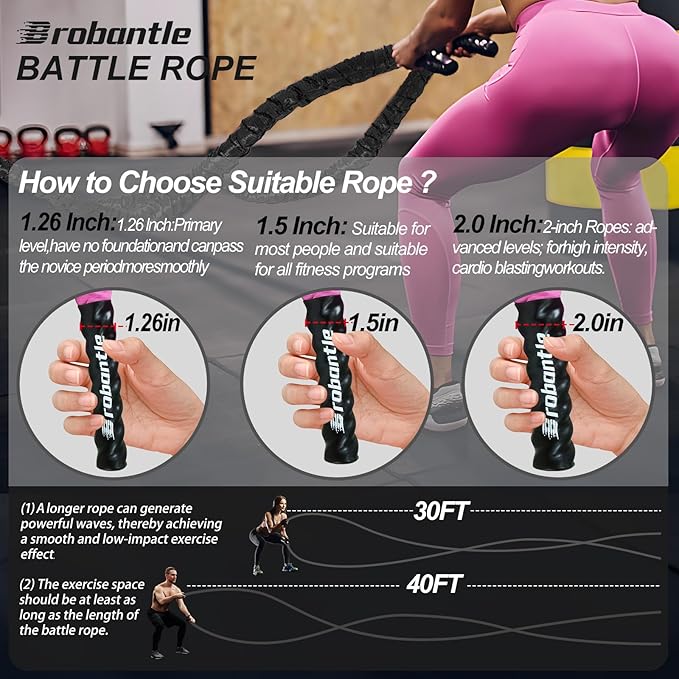 Battle Rope 1/1.26/1.5/2 Inch Diameter,Pink 30FT/40FT/50FT Exercise Workout Ropes for Home Gym Heavy Weighted Training Rope for Working Out