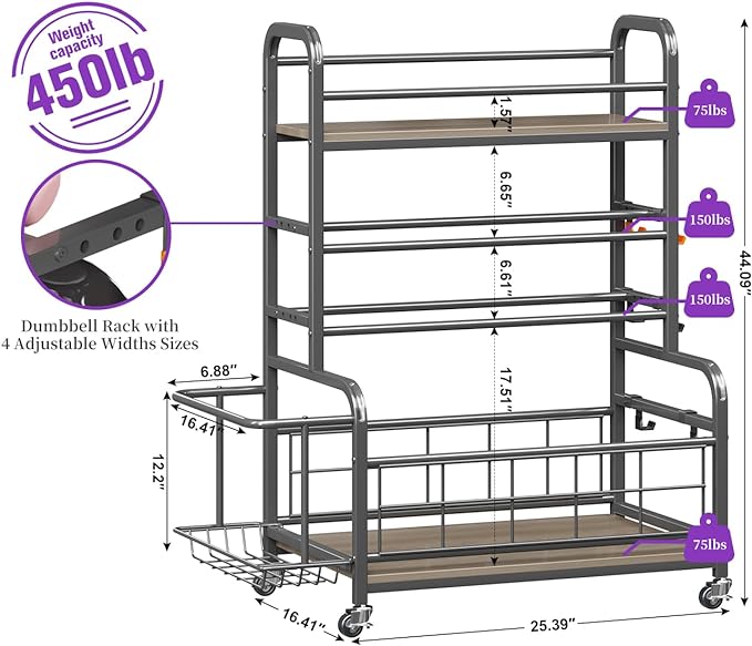 Homeiju 450LBS Dumbbell Rack,Weight Rack for Dumbbells,Weight Rack for Home Gym,Home Gym Storage for Strength Training Dumbbell Racks Stand with Wheels&Hooks