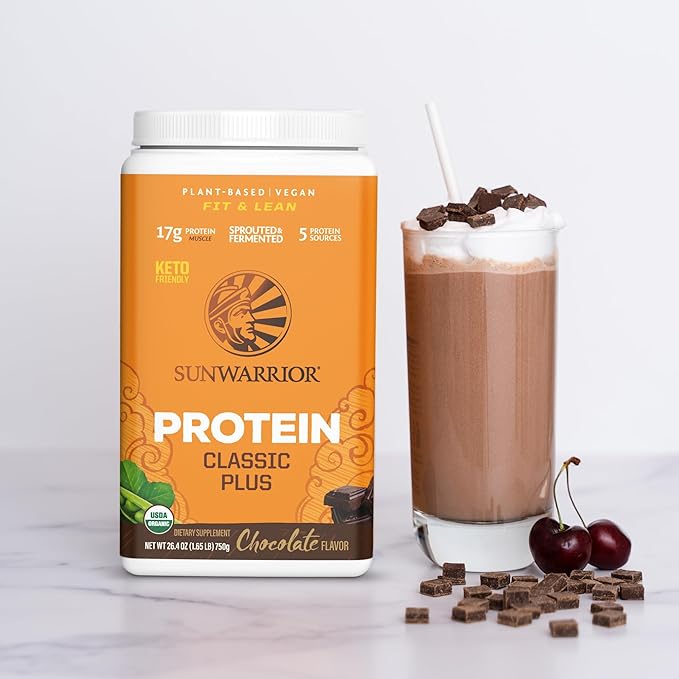 Sunwarrior - Classic Plus, Vegan Protein Powder with Peas & Brown Rice, Raw Organic Plant Based Protein, Chocolate, 30 Servings