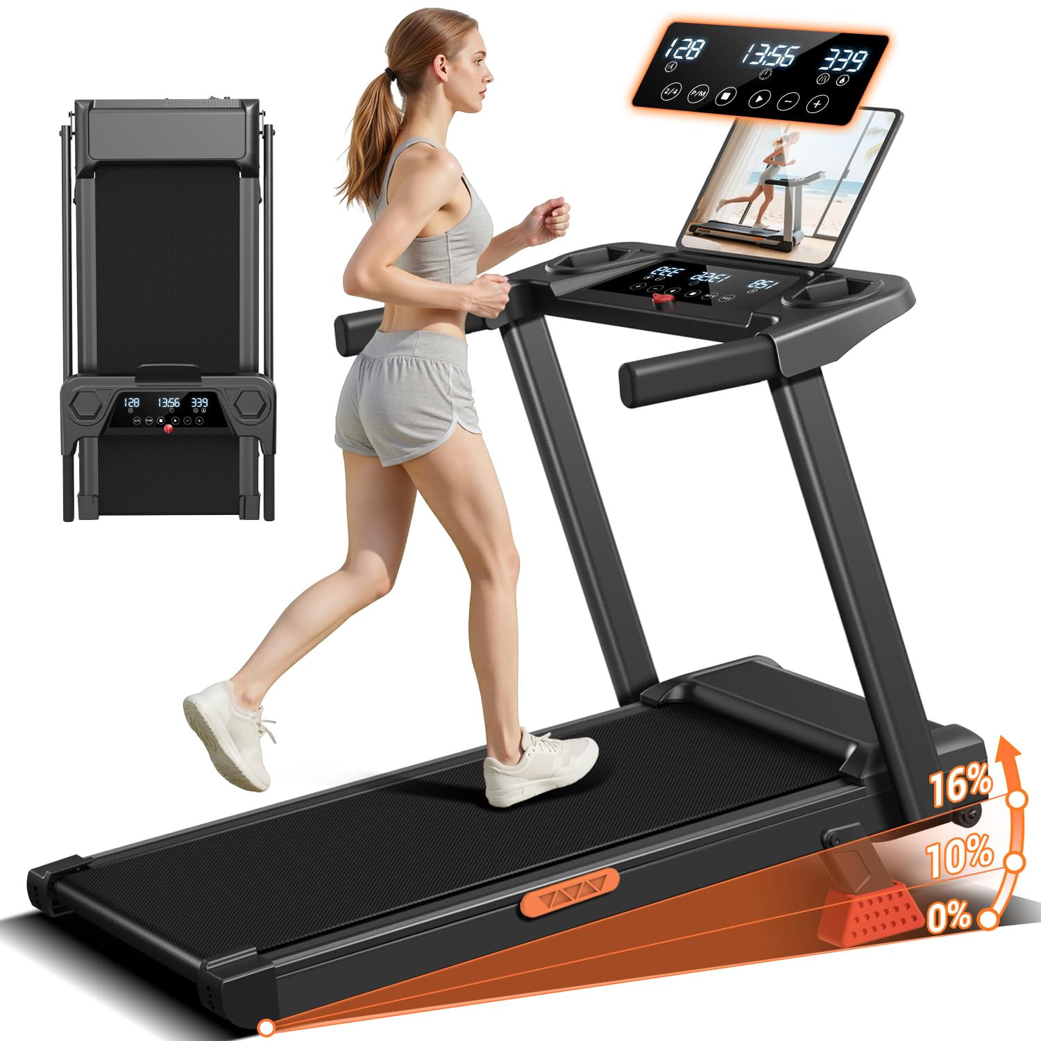 16% Incline Treadmill with Handle,Foldable Treadmills for Home