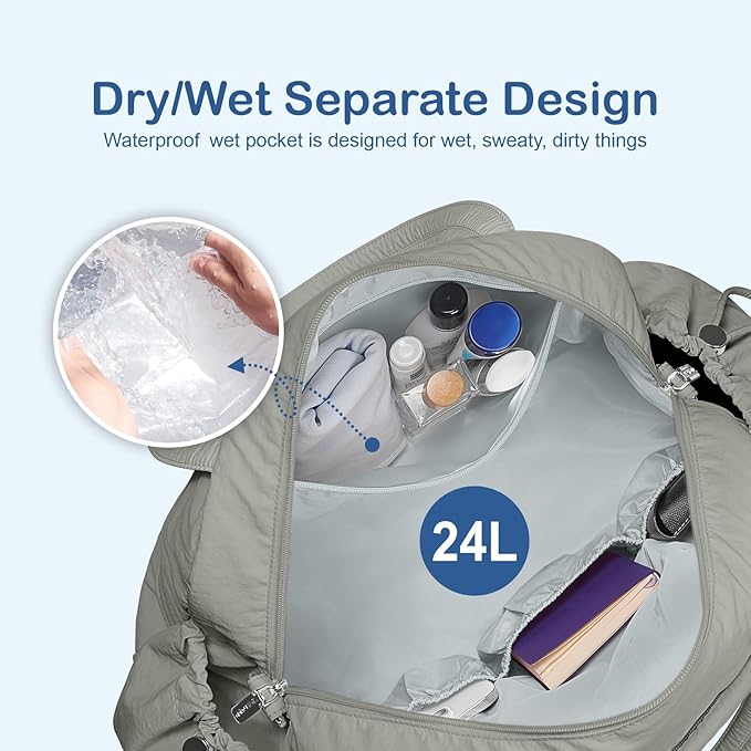 TOPDesign Travel Duffel Bag for Women, Puffer Gym Bag Sports Tote with Wet Pocket, Carry On Weekender with Luggage Sleeve (Grey)