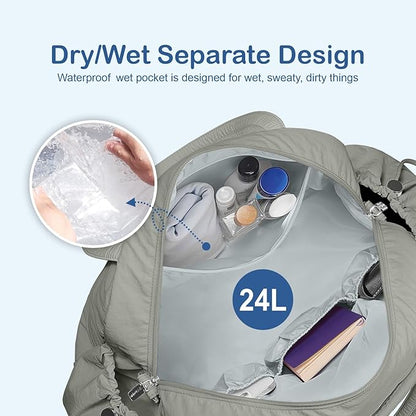 TOPDesign Travel Duffel Bag for Women, Puffer Gym Bag Sports Tote with Wet Pocket, Carry On Weekender with Luggage Sleeve (Grey)