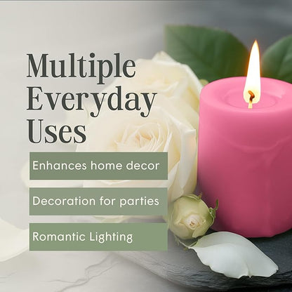 Mister Candle Dripless Unscented Pillar Candles, Set of 3 Hand Poured Solid Color Non-Scented Candles for Home Decor, Premium Wax, 60 Hr Burn Time - 3x4 Inch, Pink