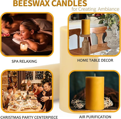 Natural Beeswax Candles Pillar, 2 Packs, 70 Hours Burn Time, 100% Pure Beeswax Candles for Home Deco, Smokeless & Dripless Bees Wax Candle for Relax, Prayer, Air Purification, 2x4 inch