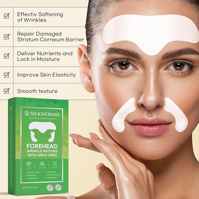 Smile Line and Forehead Wrinkle Patches: Smile Line Treatment with Aloe, Collagen, Vitamin E-Forehead Patches 12pcs, Smile Line Patches 24pcs