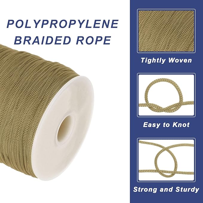 MECCANIXITY 1/16 Inch Polypropylene Rope Braided Ropes, 328ft Nylon Rope Hollow Utility Cord for Clothesline, Camping, Hiking, Outdoor, Light Brown