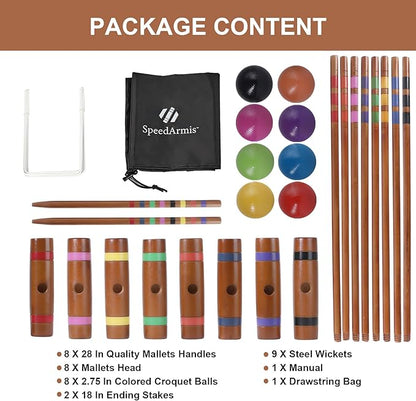 28In Croquet Party Set for 8 Players - Made of Long-Lasting Pine Wood, Family Fun for Backyards, Lawn and More, Comes with Colorful Mallets, PE Balls, Wickets, Stakes, and Carrying Bag