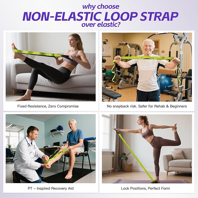 Stretching Strap with Loops - Non Elastic Yoga Straps for Physical Therapy, Durable Stretch Bands for Exercise, Flexibility Training, Hamstring & Leg Stretcher, Yoga/Pilates/Gymnastics