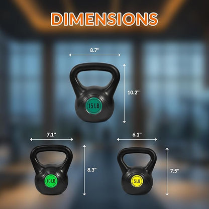 Fitvids Wide Grip 3-Piece or 4-Piece Kettlebell Exercise Fitness Weight Set, Include 5 lbs, 10 lbs, 15 lbs and 20 lbs, Set of 3 or Set of 4