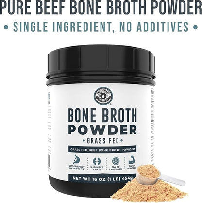 16oz Bone Broth Protein Powder From Grass Fed Beef - Unflavored, Single Ingredient - Rich in Collagen, Glucosamine, Gelatin, Paleo Protein Powder, Gut-Friendly, Non-GMO Ingredients, Dairy-Free Protein
