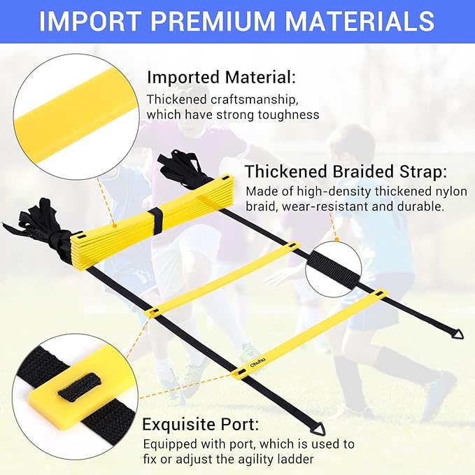 Agility Ladder Speed Training Set: Ohuhu 12 Rung 20ft Soccer Training Equipment for Kids with 12 Cones, 4 Steel Stakes, Instruction Manual & Carrying Bag for Football Exercise Sports Footwork Training