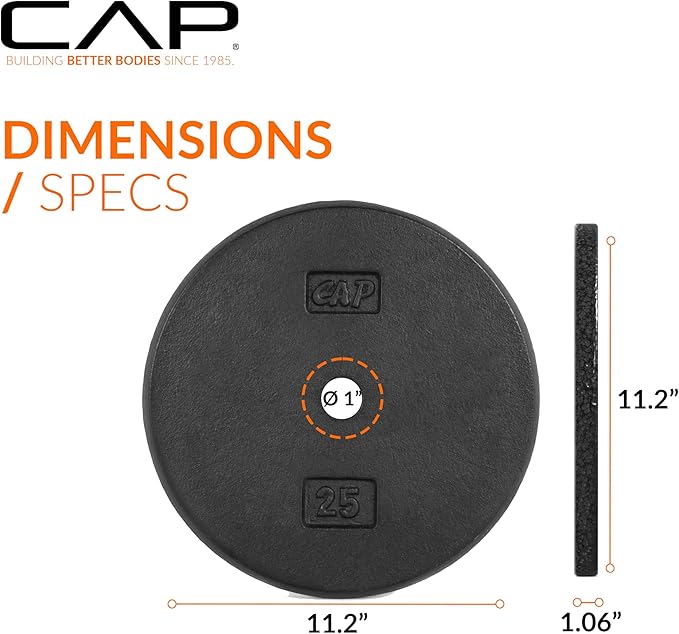 CAP Barbell Standard 1-Inch Cast Iron Weight Plates - Singles & Sets | 1.25-50 lbs | Multiple Options
