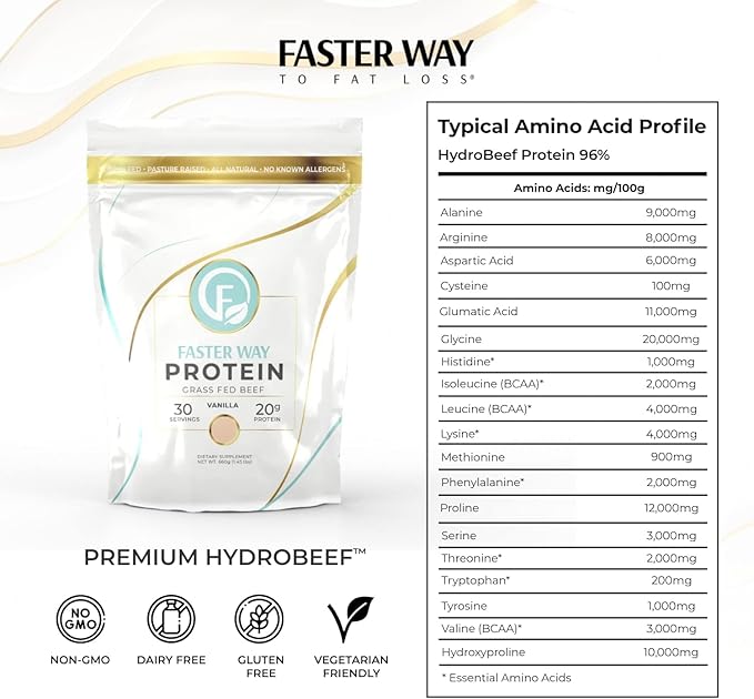 Faster Way - Protein Powder - Hydrolyzed Grass Fed Beef - 20g of Protein Per Serving - Muscle Growth & Recovery - 9 Essential Amino Acids - Sugar, Gluten & Dairy Free - Non-GMO - Vanilla - 30 Servings