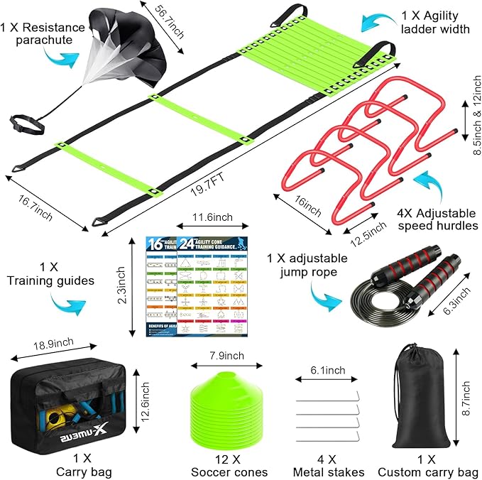 Agility Ladder Speed Training Equipment Set-20ft Agility Ladder,12 Soccer Cones,4 Hurdles, Jump Rope, Running Parachute| Basketball Football Soccer Training Equipment for Kids Youth Adults
