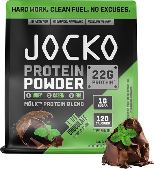 Jocko Fuel Mölk Whey Protein Powder 22g Low Sugar Monk Fruit Blend - Muscle Recovery & Growth, Packaging May Vary (26 Servings, Mint Chocolate)