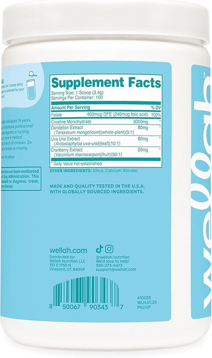 Wellah Pump-It-Up Creatine (100 Servings, Unflavored) - Creatine Monohydrate with Dandelion, Uva Ursi, & Cranberry Extract