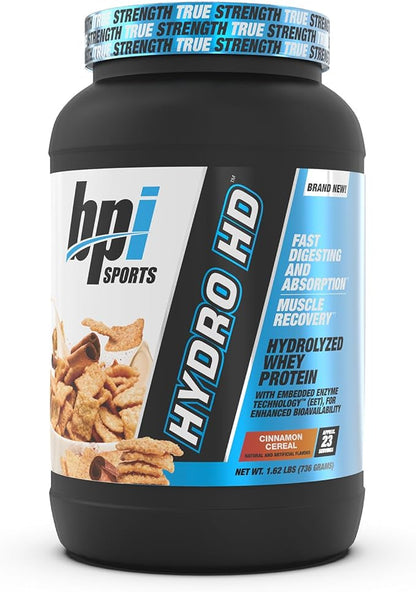 BPI Sports Hydro HD - 100% Hydrolyzed Whey Protein Powder - Muscle Growth, Recovery, 25g of Hydrolyzed Protein, Low Carb, Low Sugar, Fast Absorbing (23 Servings, Cinnamon Cereal)