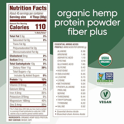 Nutiva USDA Organic Cold-Pressed Hemp Seed Plant Protein Power, 3 Pound, Fiber Plus with Essential Amino Acids, Non-GMO, Whole 30 Approved, Vegan & Keto