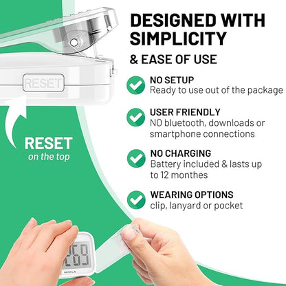 3D Pedometer for Walking, Simple Step Counter with Large Digital Display, Step Tracker with Removable Clip Lanyard, Accurately Track Steps for Men Women Kids Adults Seniors