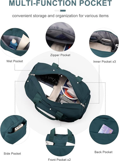 Gym Bag for Women Men, Sport Duffel Bag with Toiletry Bag & Shoe Compartment,Waterproof Travel Weekender Overnight Carry on Bag for Yoga with Trolley Sleeve, Peacock Blue Set