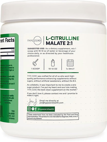 Type Zero L-Citrulline Malate Powder 2:1 6X (300g | 6000mg Per Serving | Unflavored) Ultra Clean L Citrulline, Nitric Oxide Booster, Pre Workout - Nitrous Oxide Vasodilator Supplement