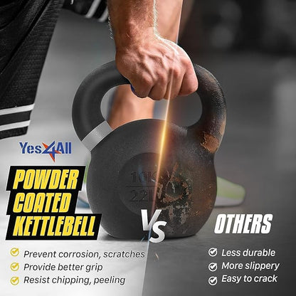Yes4All Kettlebell, Heavy Duty Powder Coated Cast Iron Kettlebells, Non-Slip Handle & Flat Bottom for Conditioning, Strength Training & Full Body Exercises at Home Gym - Single & Pair