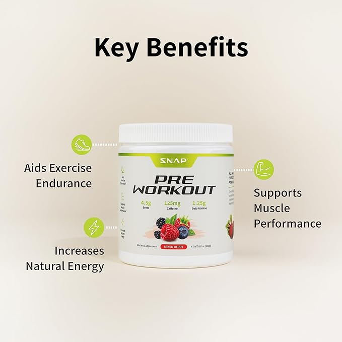 Snap Supplements Pre Workout Beet Root Powder, Nitric Oxide Supplement Preworkout for Men and Women with Organic Beets and B Vitamins, Energy and Heart Health Support, 30 Servings, Mixed Berry