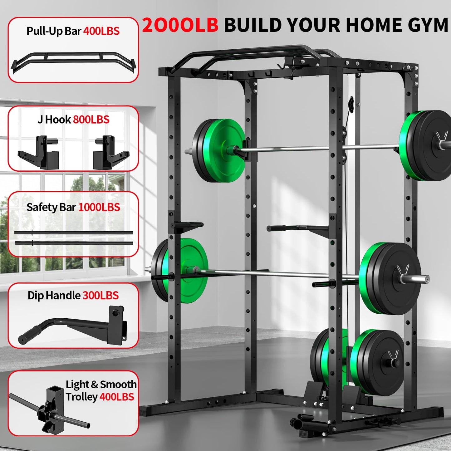 JEEKEE Power Rack with LAT Pulldown, 2000LBS Power Cage with Cable System, Multi-Function Squat