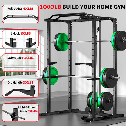 JEEKEE Power Rack with LAT Pulldown, 2000LBS Power Cage with Cable System, Multi-Function Squat